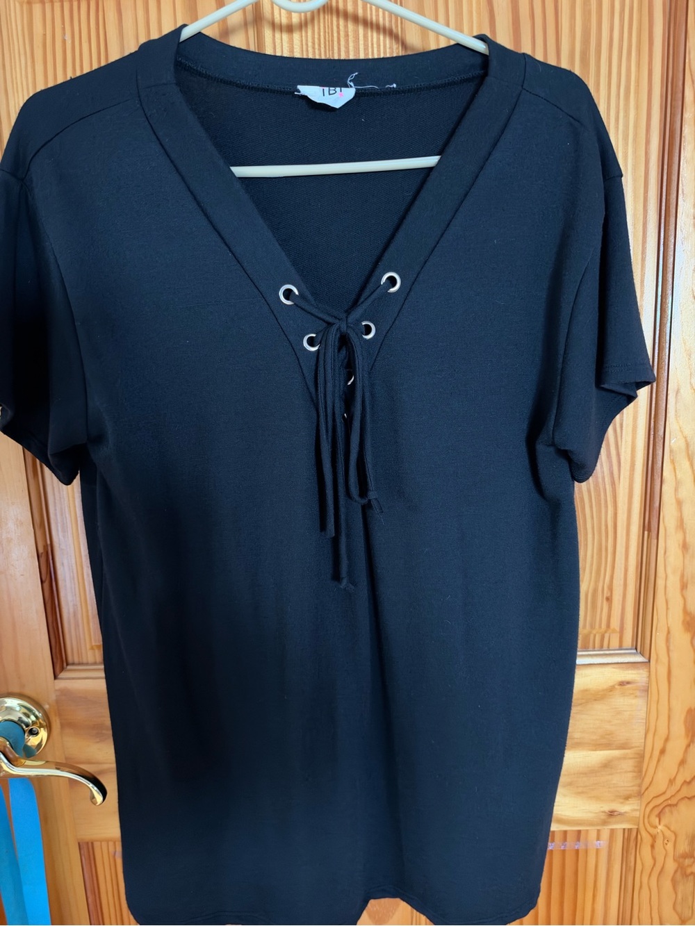 BiBi Black Lace-Up V-Neck Short Sleeve Tee